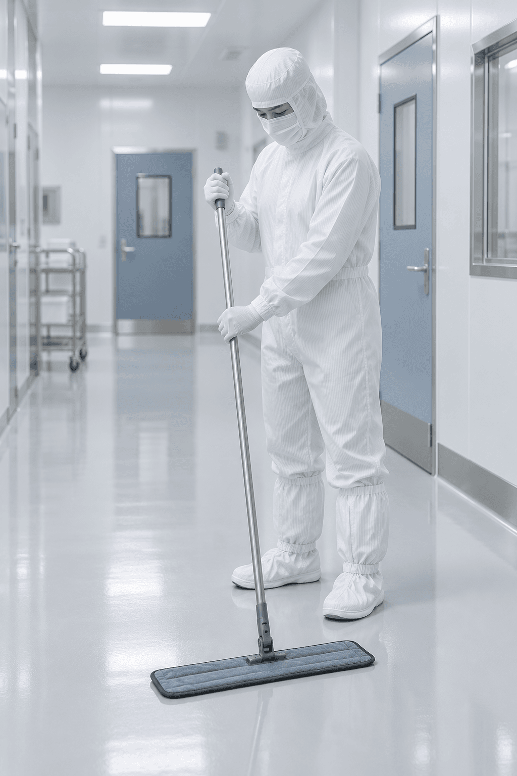 Operator using a flat cleanroom mop in a controlled-environment corridor