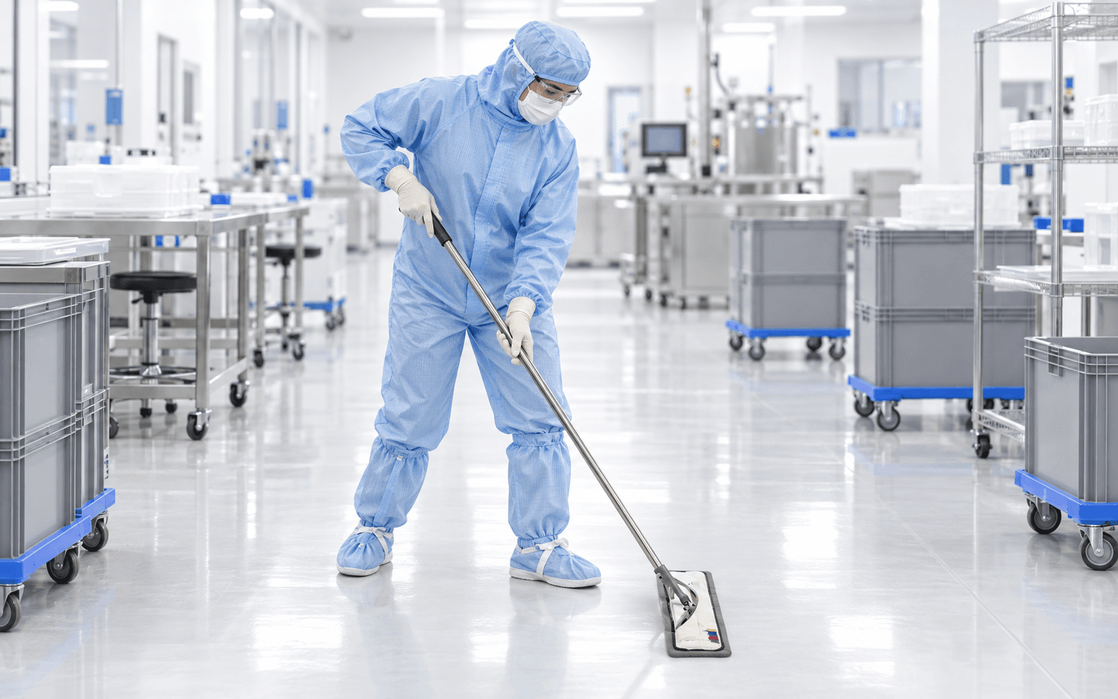 Operator using a flat mop in a large controlled manufacturing area