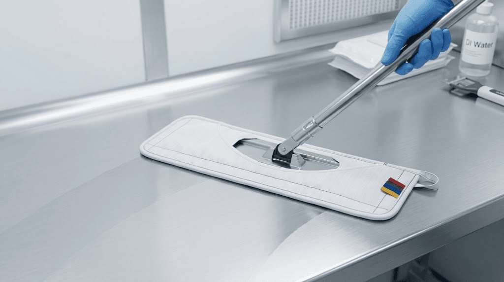 Cleanroom microfiber mop in use on a controlled-environment work surface