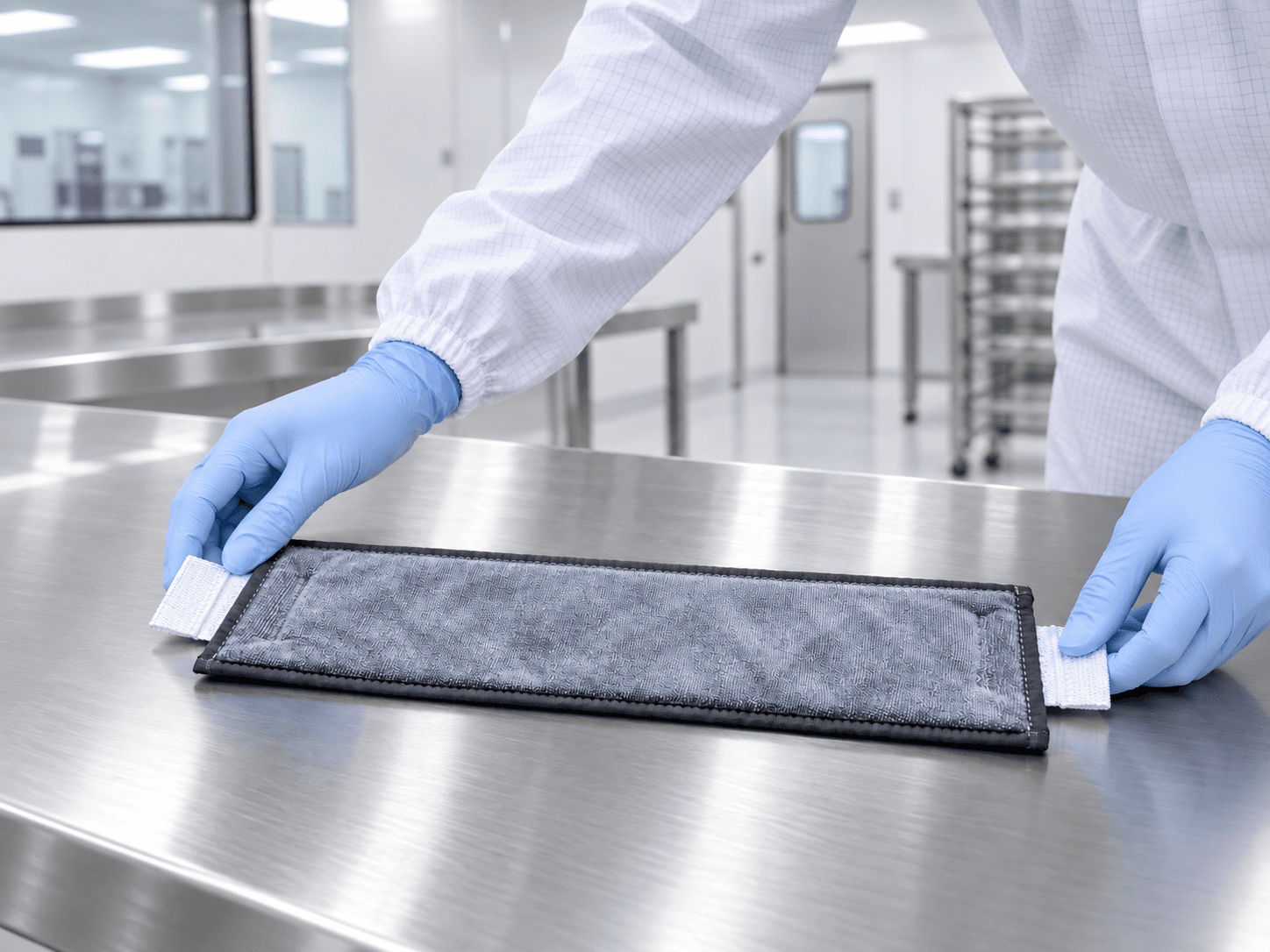 High-performance microfiber cleanroom mop head being used on a stainless-steel work surface