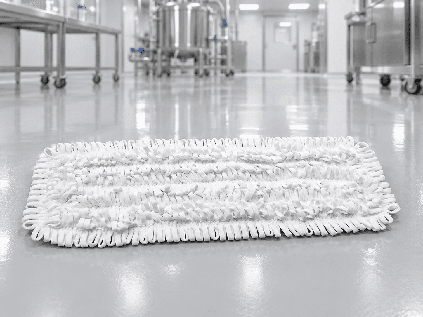 White looped microfiber mop head displayed horizontally in a cleanroom