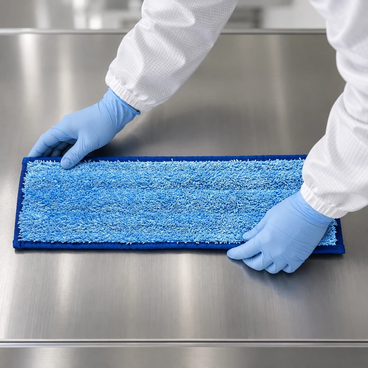 Looped microfiber mop heads being positioned on a stainless-steel cleanroom surface