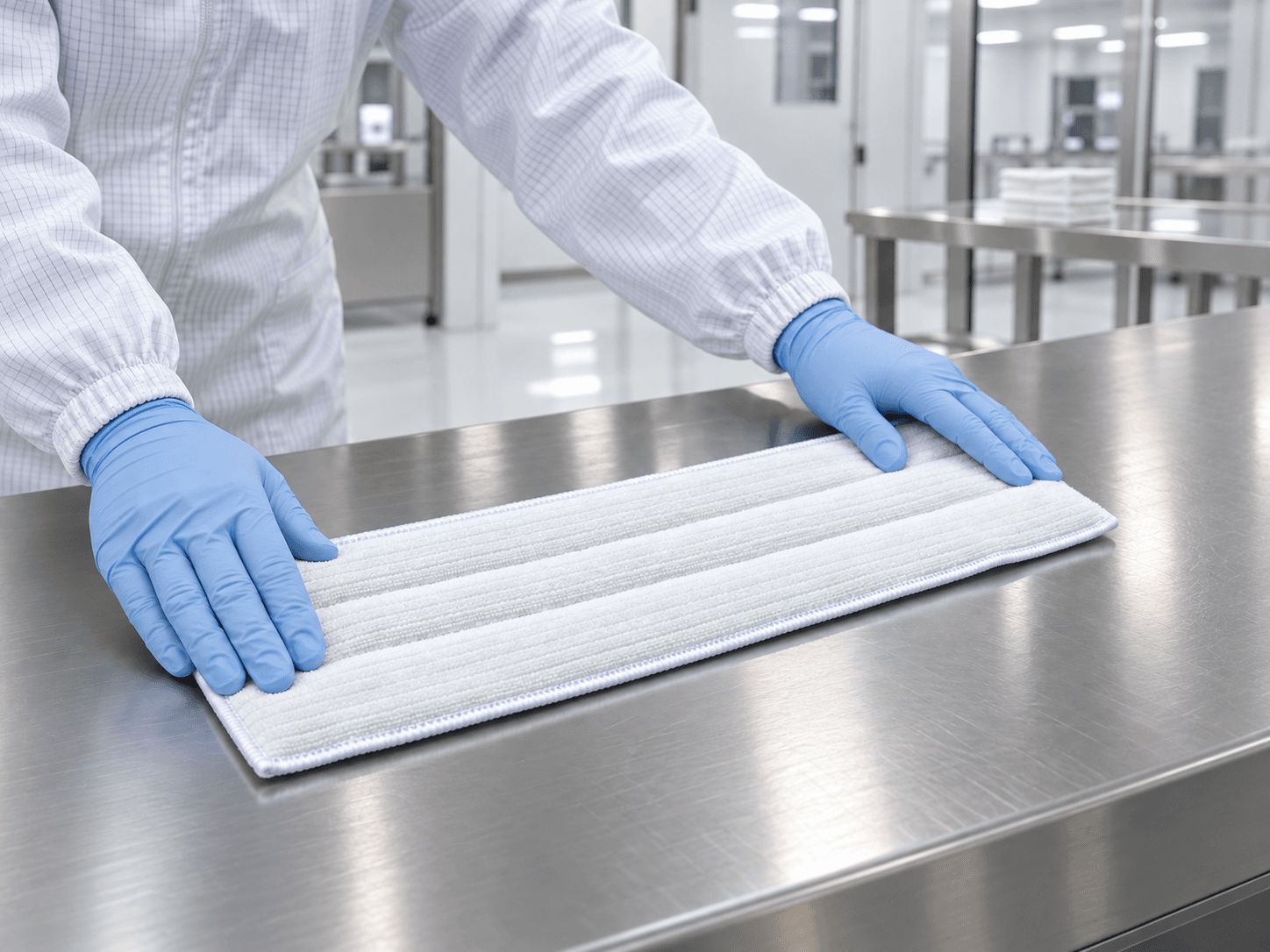 Polyester knit cleanroom mop being handled on a stainless-steel cleanroom surface