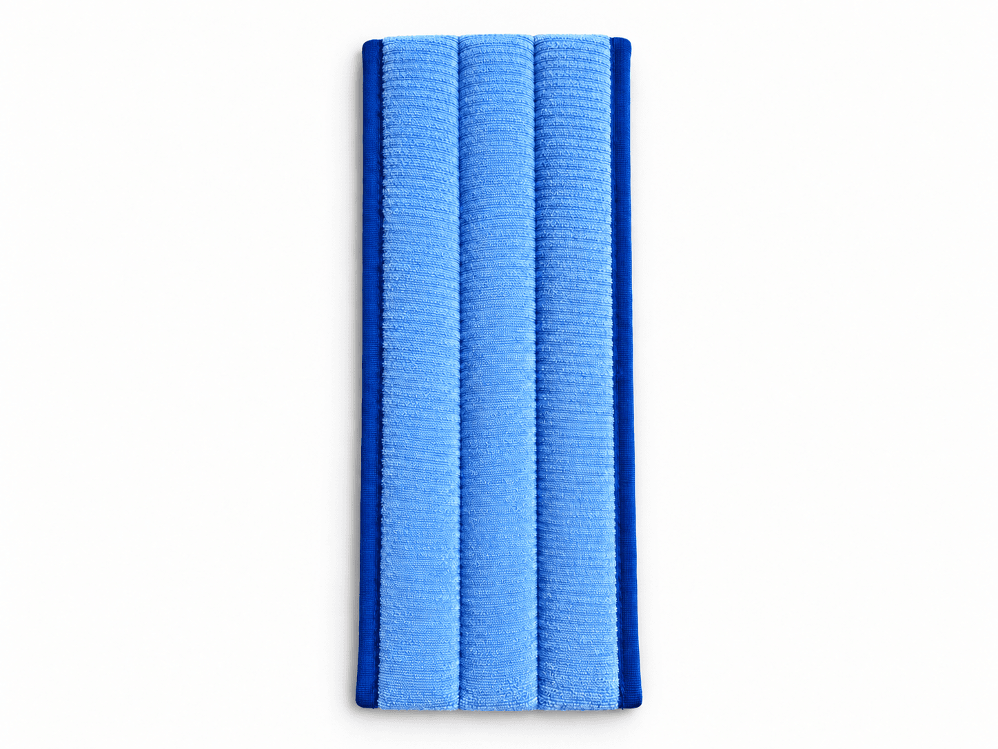 Blue reusable flat pocket microfiber mop cover, front cleaning-face view