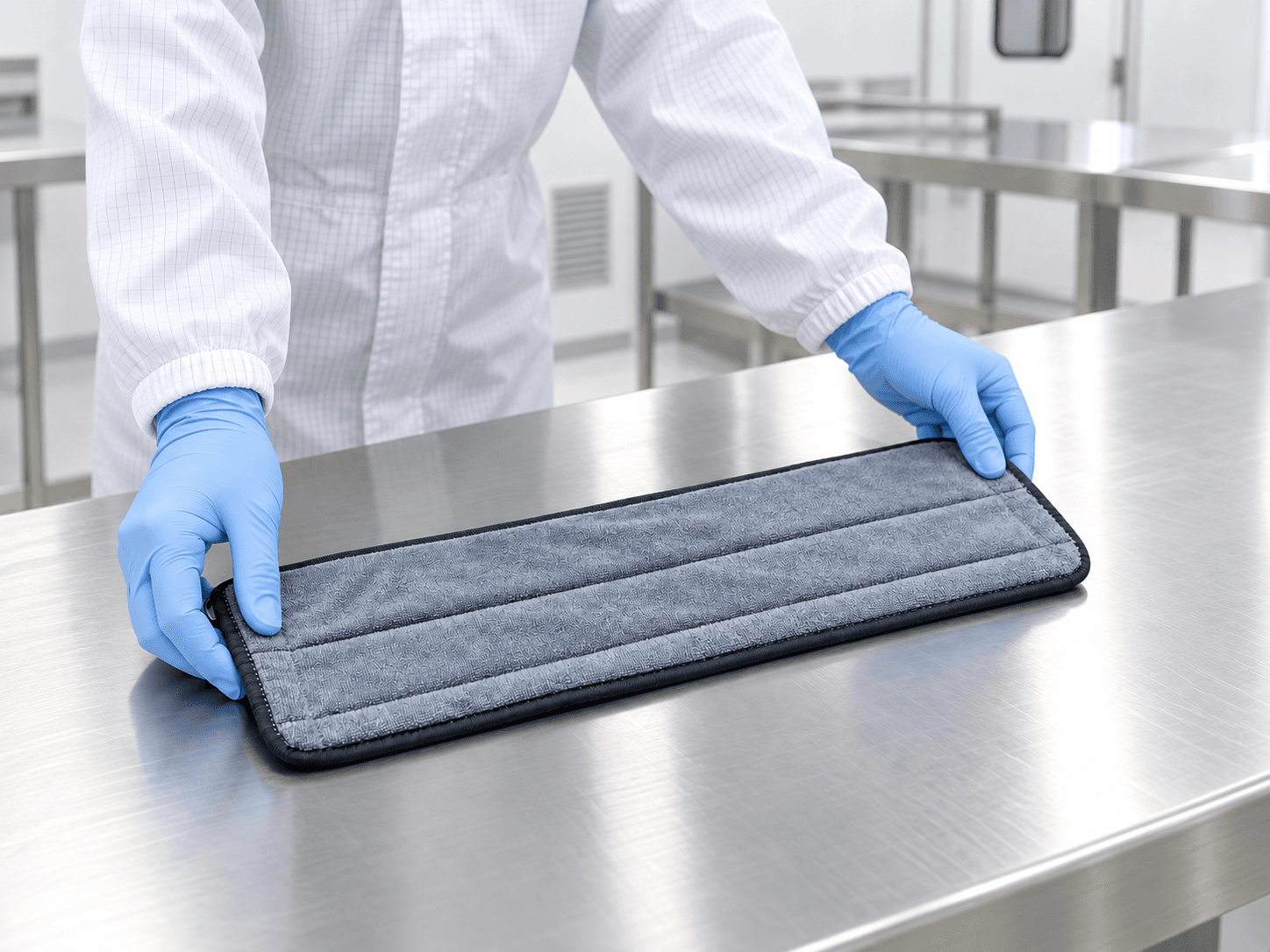 Reusable grey microfiber cleanroom mop cover being positioned on a stainless-steel surface