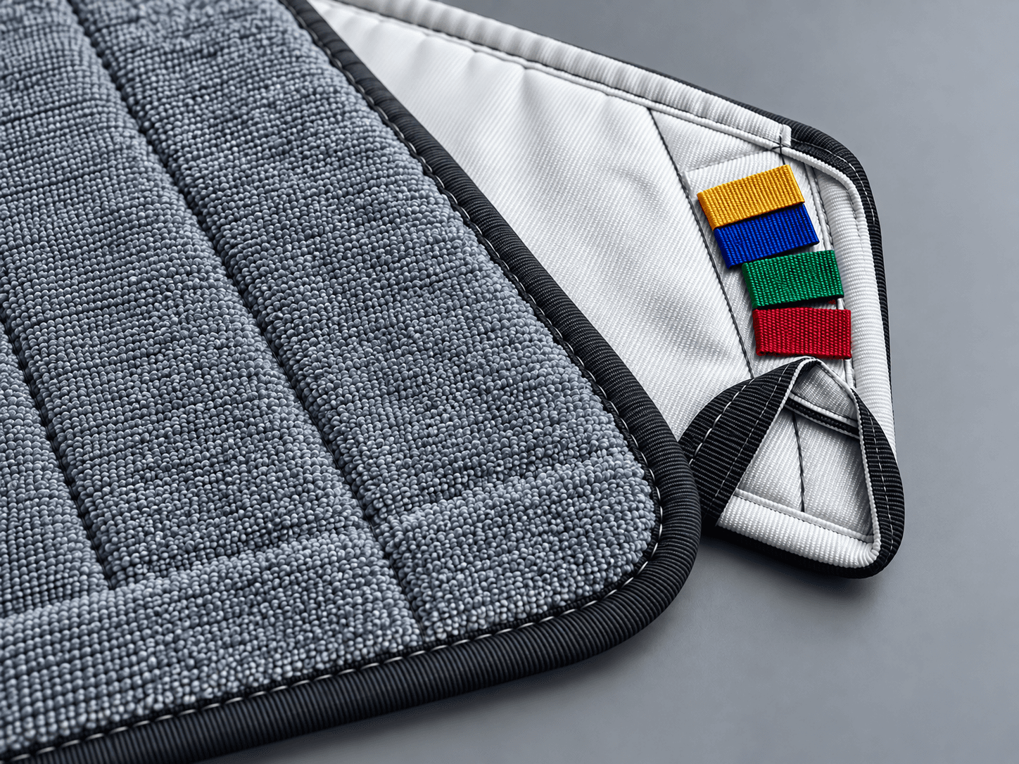 Reusable grey microfiber cleanroom mop cover, pocket and colour-coded tab detail