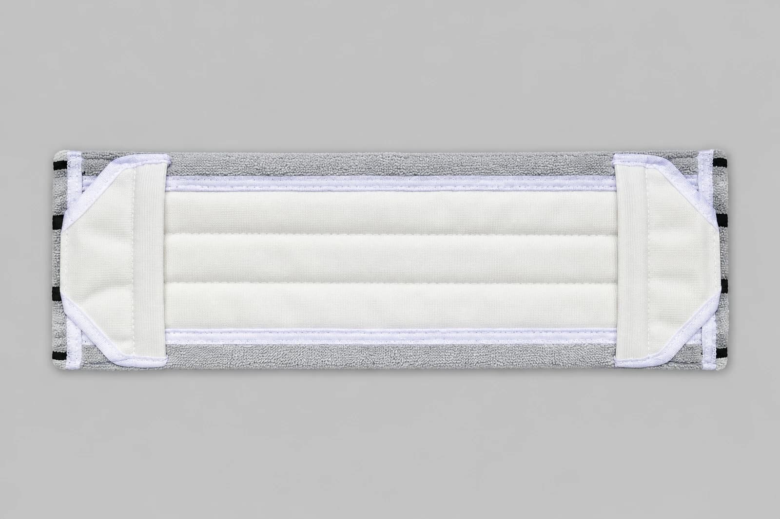 Reusable grey microfiber stripe mop cover, pocket-side view