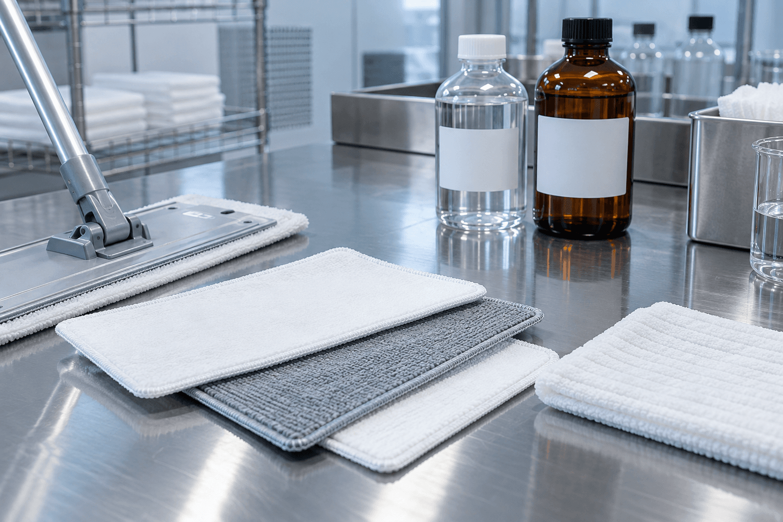 Cleanroom mop samples and blank chemical bottles arranged on a stainless workbench