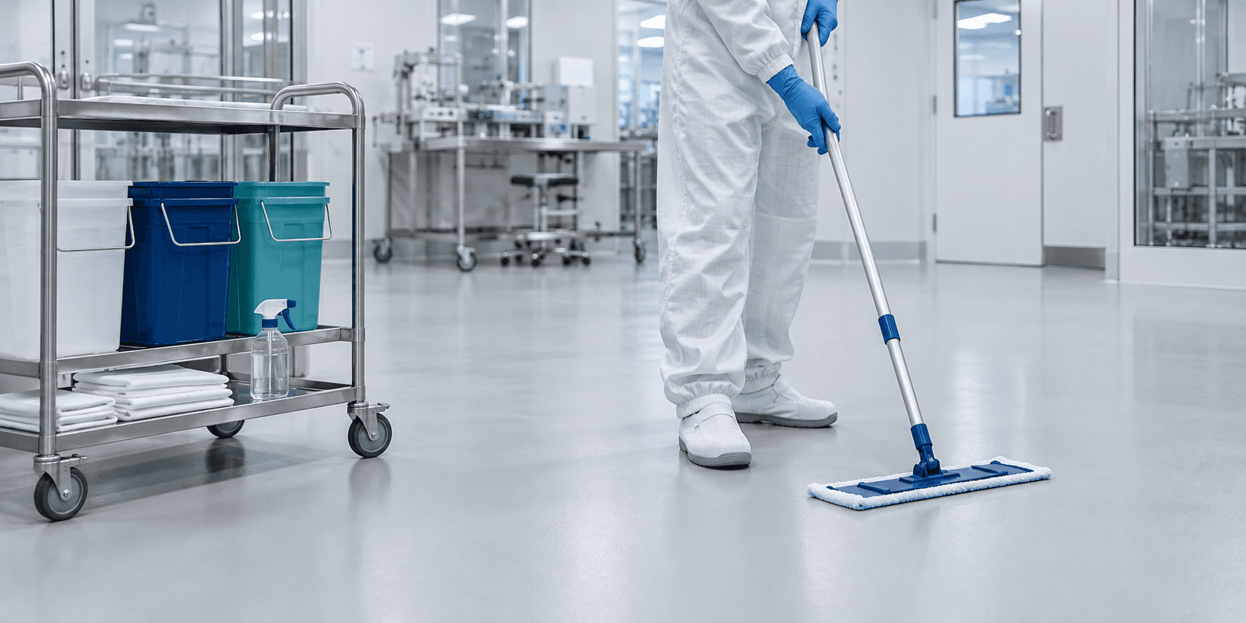 Cleanroom operator using a mop beside a controlled cleaning cart
