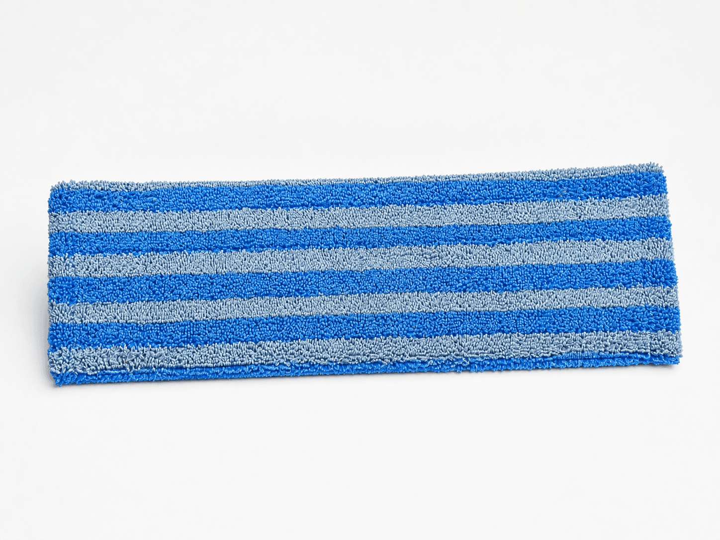 Reusable blue and grey microfiber stripe cleanroom mop cover, cleaning-face view