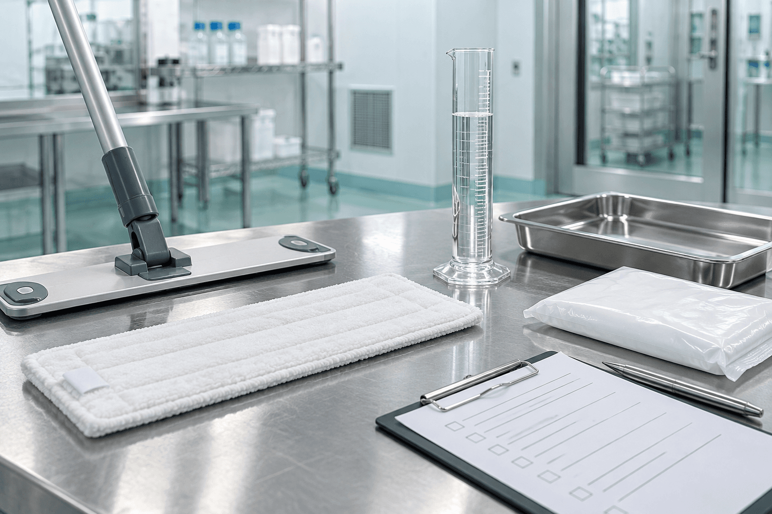 Cleanroom mop qualification setup with frame, sample, liquid cylinder and checklist