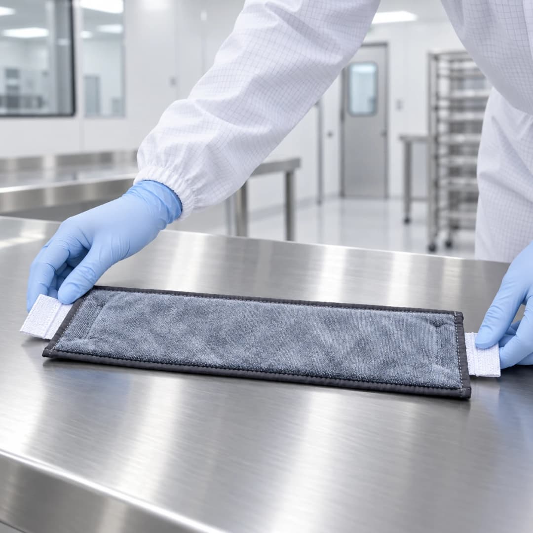 UltraSpeed microfiber mop replacement head used on a stainless-steel cleanroom surface